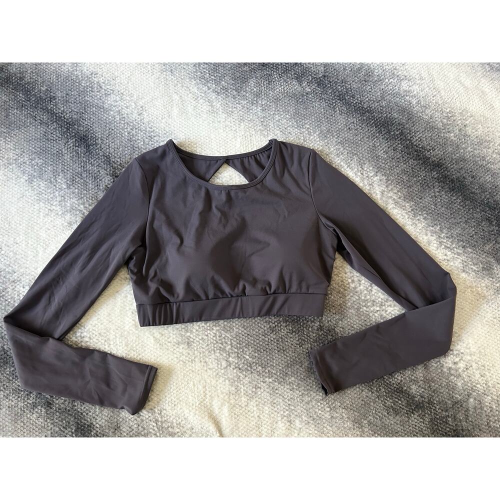 Danysu Open Back Crop Top Gray Active Stretch Long Sleeve Shirt Size XL